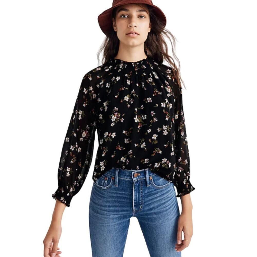 Madewell Floral Backyard Blooms Smocked Mockneck Sheer Top XS